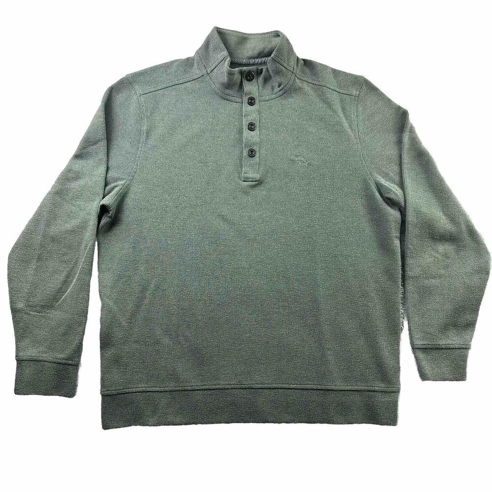 Tommy Bahama Sweater Mens Large Green‎ Ribbed 1/4 Snaps Stretch Casual Office